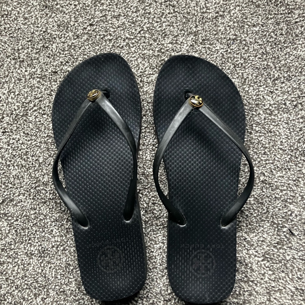 Tori Burch Black Flip Flop Sandals with Gold Logo Accent